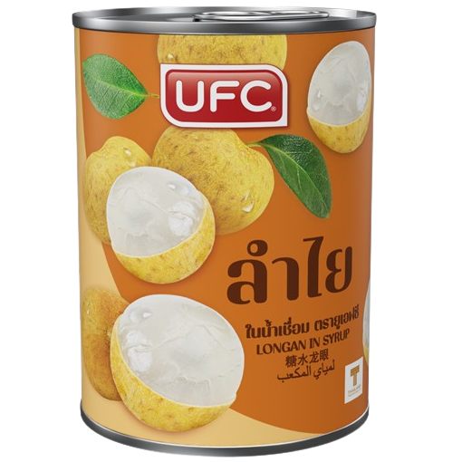 Ufc Longan in syrup, canned fruit product, shiny gold label, transparent can showing whole longans in syrup.