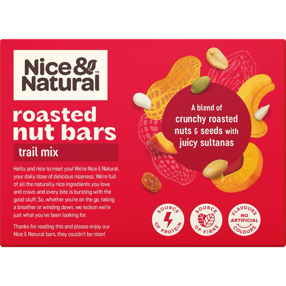 Nice & Natural Roasted Nut Bars trail mix with yoghurt in a resealable package, featuring assorted nuts and dried fruits.