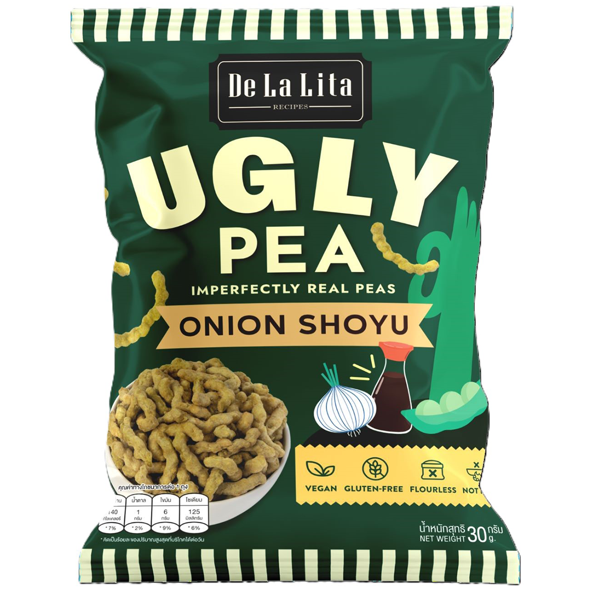 De La Lita Green Pea Stick Onion Shoyu confectionery snack with green peas and onion flavor in a crispy stick form.