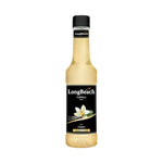 LongBeach Vanilla Syrup bottle from dry grocery section, featuring clear label and vanilla flavor for beverages and desserts.