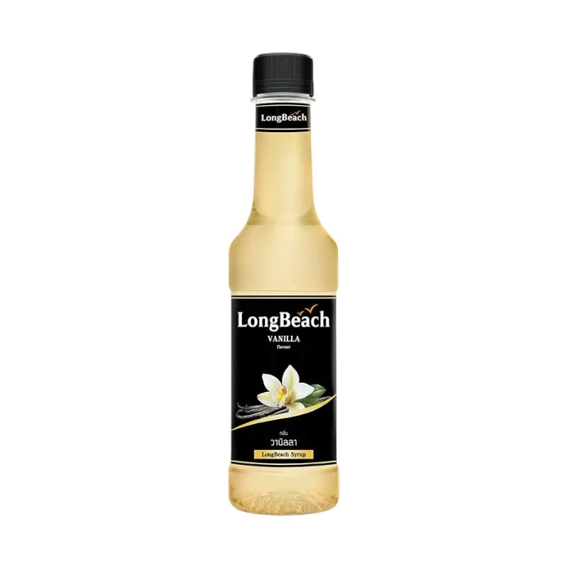 LongBeach Vanilla Syrup bottle from dry grocery section, featuring clear label and vanilla flavor for beverages and desserts.