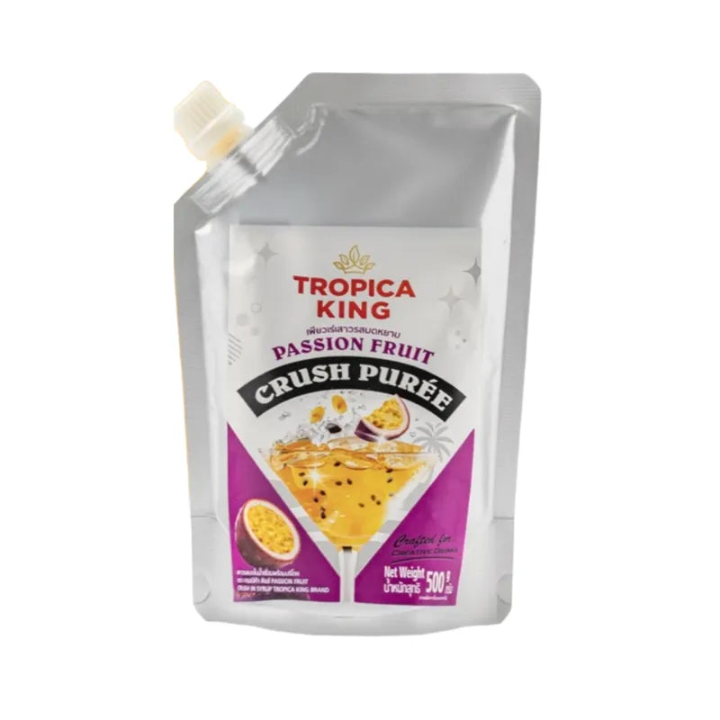 Tropica King passion fruit puree in 500g package, ideal for cooking and baking, fresh and smooth tropical fruit puree.