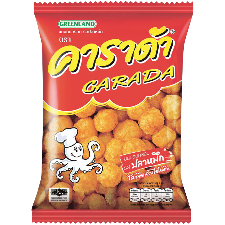 Carada Rice Ball Snack in Squid Flavour, a Japanese confectionery treat with crispy rice and savory seafood flavor.