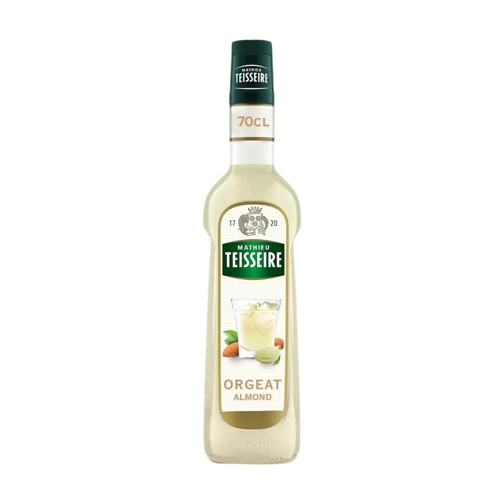 Mathieu Teisseire Almond Orgeat Syrup 700ml bottle, featuring a clear view of the label and packaging for dry grocery use.