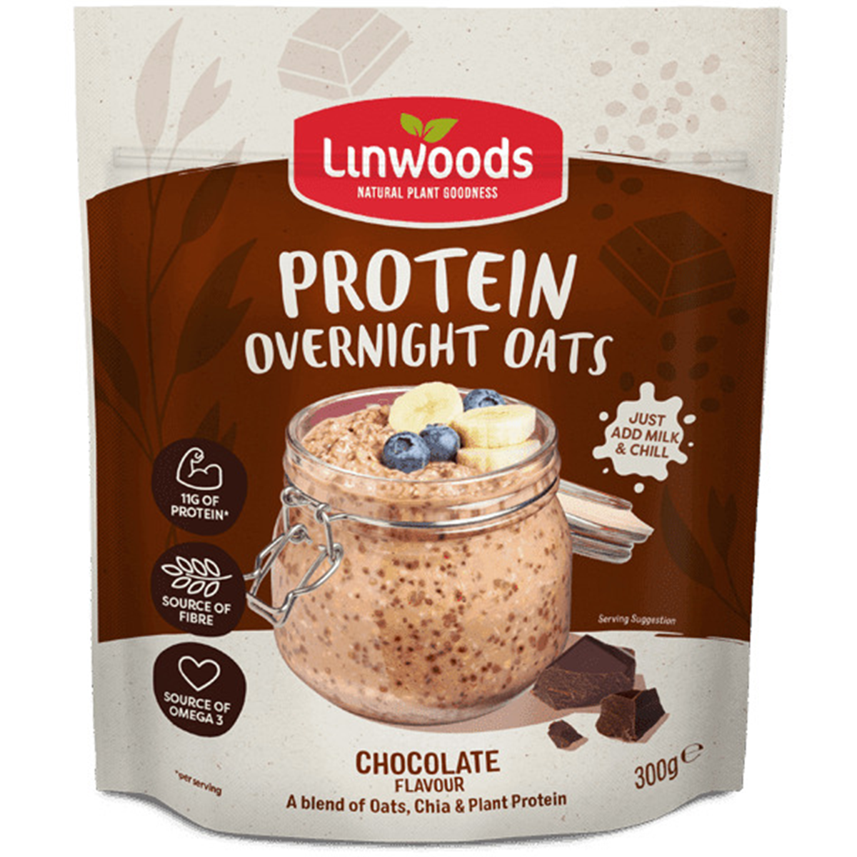 Linwoods Chocolate Protein Overnight Oats in a jar, showing creamy oats with chocolate flavor and toppings on a white background.