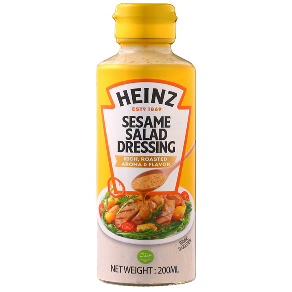 Heinz Roasted Sesame Salad Dressing bottle with label, showing the grocery product designed for flavorful salads.