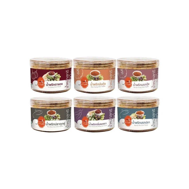 Six jars of J-LEK Mixed Flavor Chili Paste in dry grocery packaging, showcasing colorful labels and variety of chili flavors.