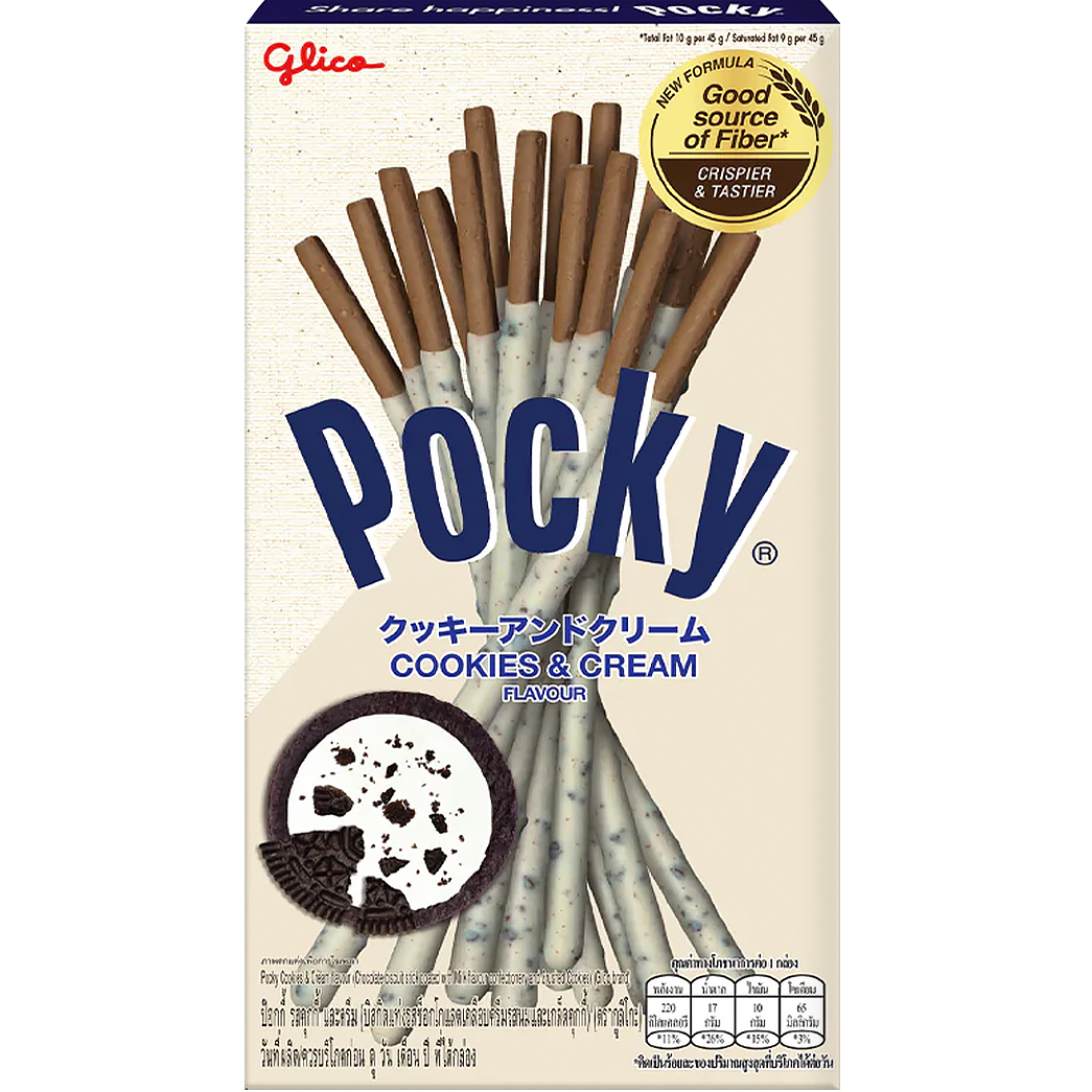 Glico Pocky Cookie and Cream confectionery snacks, showing the chocolate-covered biscuit sticks with cookie and cream flavor.