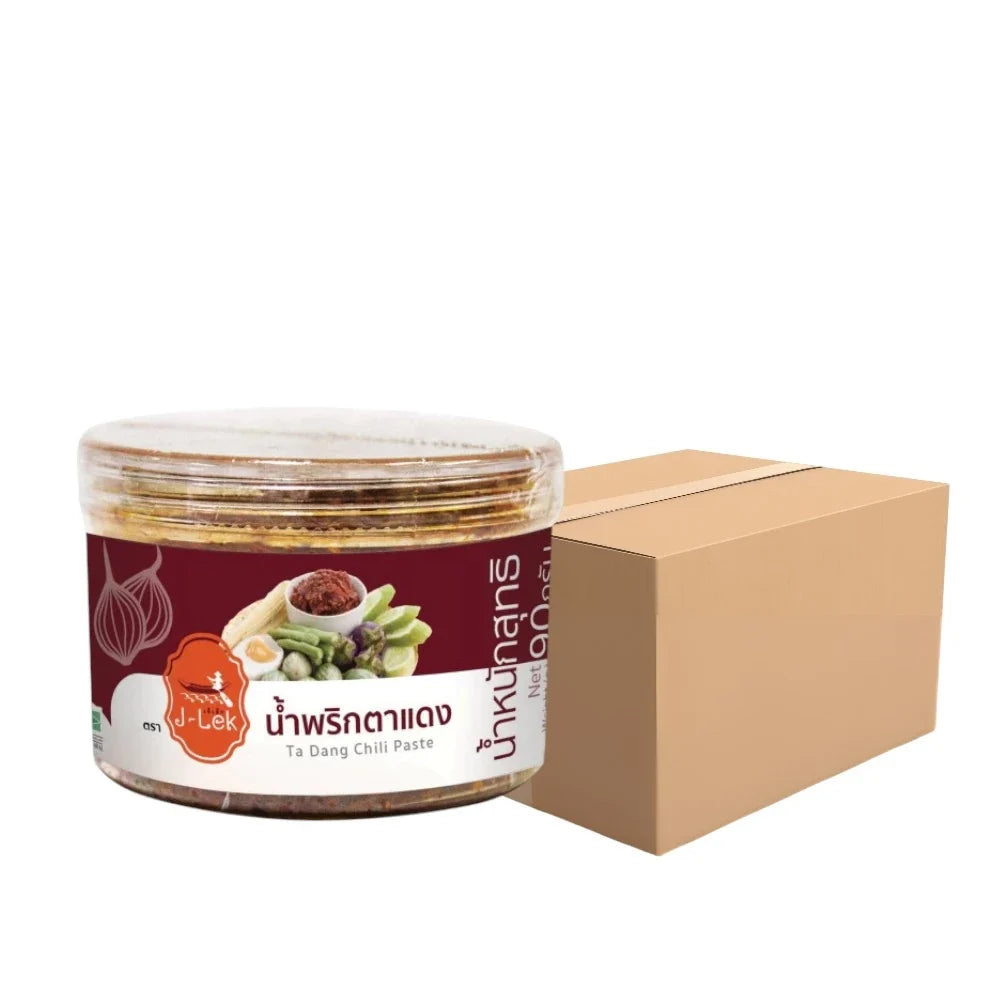 J-lek Red Eye Chili Paste jar, 90g, showing the vibrant red chili paste inside the clear glass jar with a label.