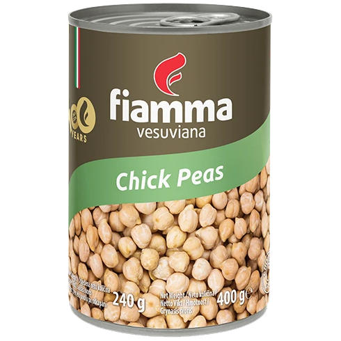 Fiamma Vesuviana Chick Peas in a grocery store image, showing a can of Fiamma Vesuviana brand chick peas on a shelf.