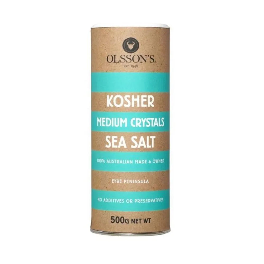 Olsson Seasalt Crystal in a 500g package, natural dry grocery salt with coarse crystals, ideal for seasoning and cooking.