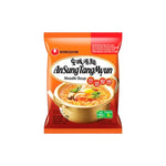 Nongshim Ansung Tang Myun noodle soup package with dry instant noodles and seasoning packet on a white background