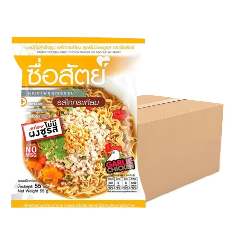 SUESAT Sueasat Noodles with Garlic Chicken Flavor Packets, dry grocery product, showing packaged noodles and flavor seasoning.