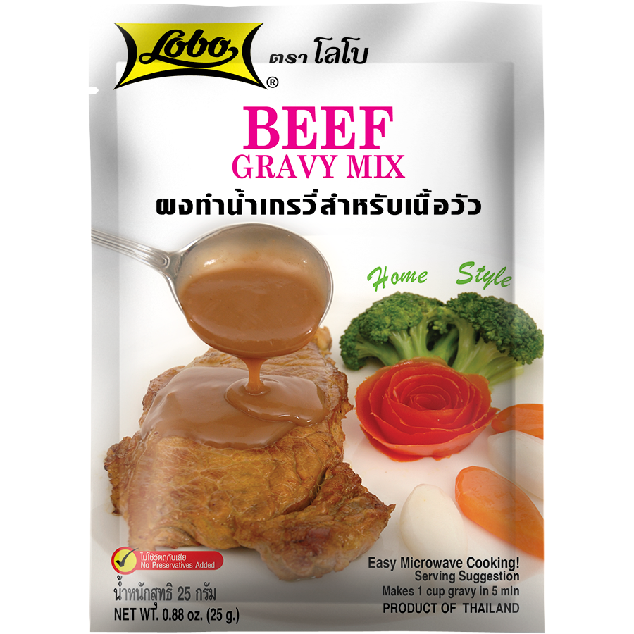 Lobo Beef Gravy Mix in a packet, ready for cooking, with branding visible on the packaging, ideal for flavorful beef gravy.