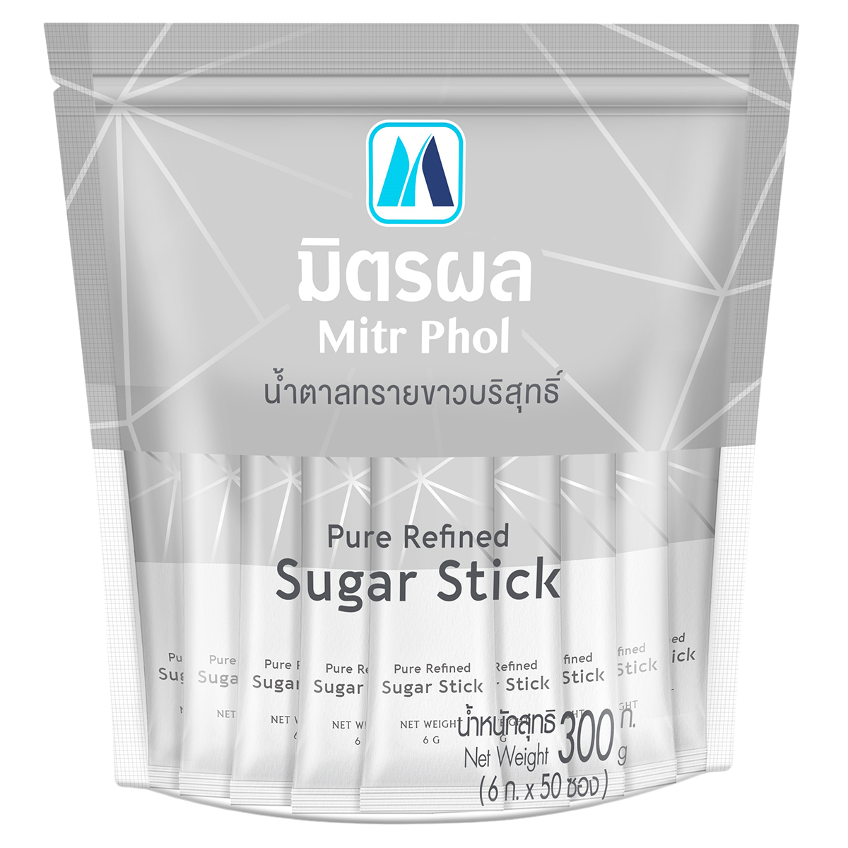 Mitrphol Sugar Stick, white granulated sugar in a clear plastic stick for grocery use, with a label showing brand and product details.