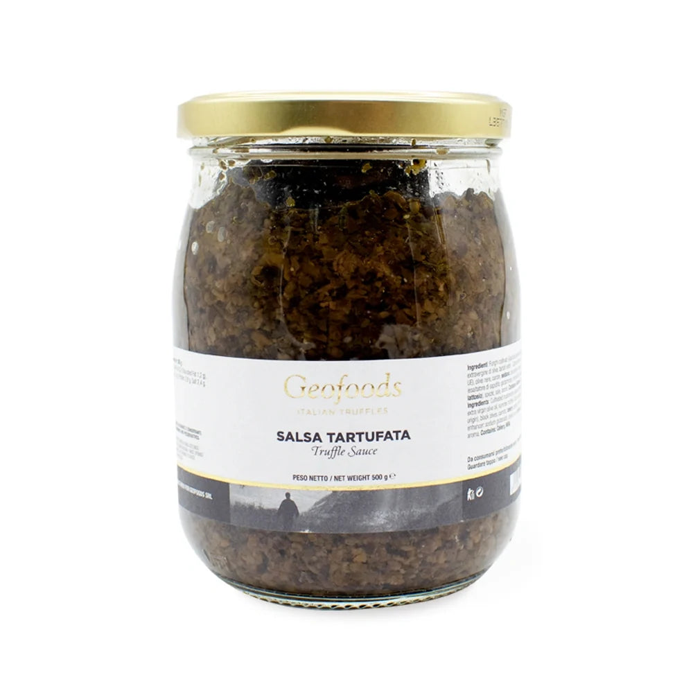 GEO Foods Truffle Sauce 500g jar, showcasing the creamy, dark truffle sauce with a label, in a dry grocery setting.