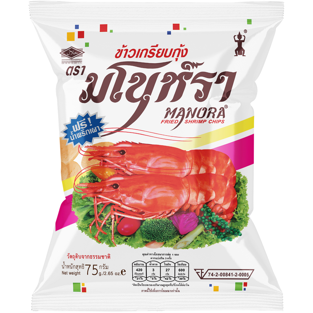 Manora Shrimp confectionery snack in packaging, crispy shrimp-flavored treat, popular Asian snack by Manora brand