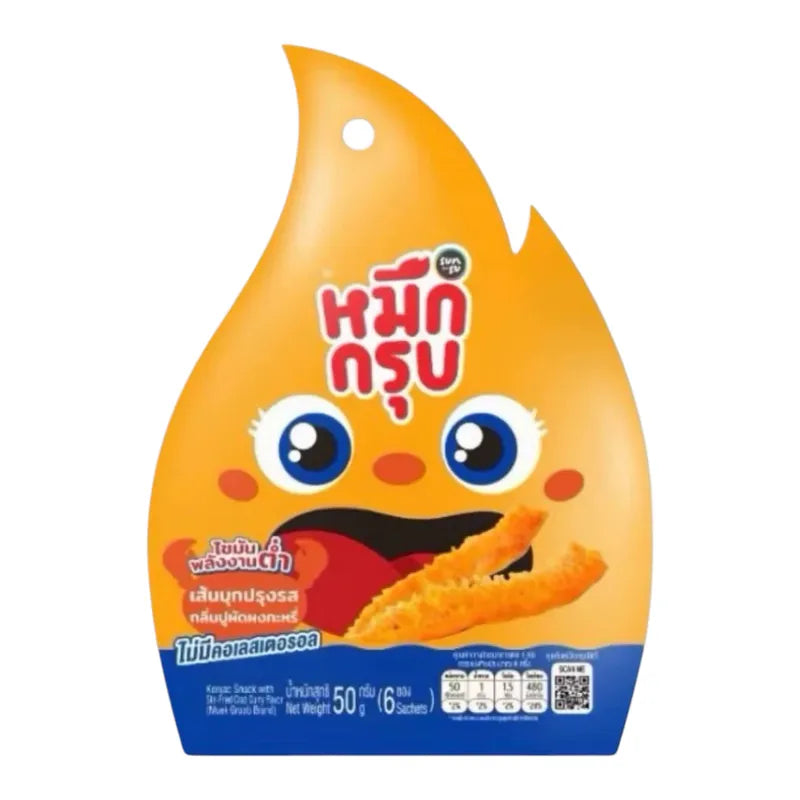 Sunsu Muek Groob Konjac snack with stir-fried crab curry flavor, showing crispy snack pieces in a colorful bowl.