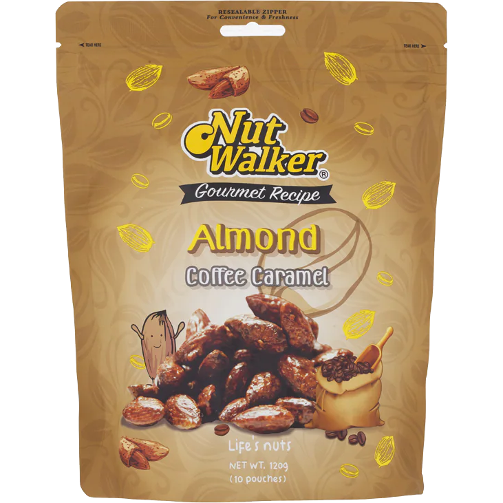 Nut Walker Coffee Caramel Almonds in a clear bowl, showcasing glossy caramel-coated almonds and crunchy nut texture.