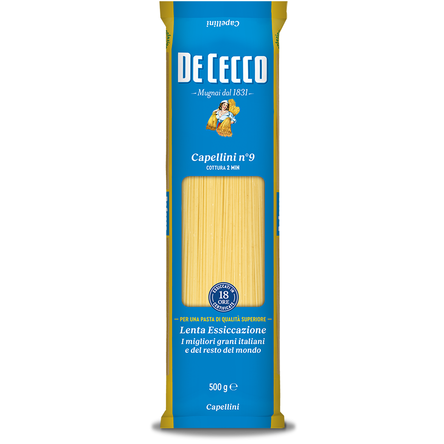 De Cecco Capellini #9 pasta in a clear jar, showcasing thin, delicate pasta strands perfect for light, fast-cooking Italian dishes