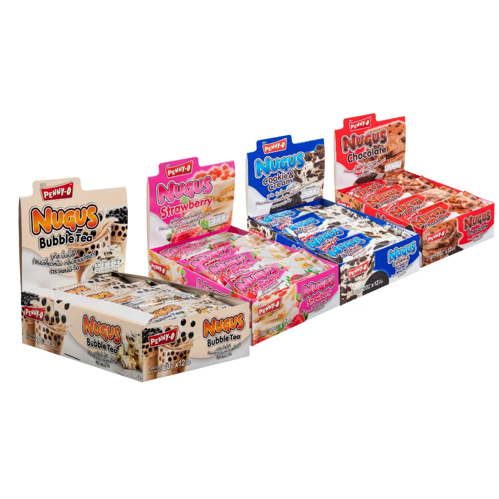 Pennyo Nugus Bubble Tea snacks in Chocolate Cookie & Cream and Strawberry flavors, dry grocery confectionery with colorful packaging.