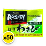 S&B Wasabi Mini sachets, 2.5g each, shown in a row, ideal for adding spicy wasabi flavor to dishes