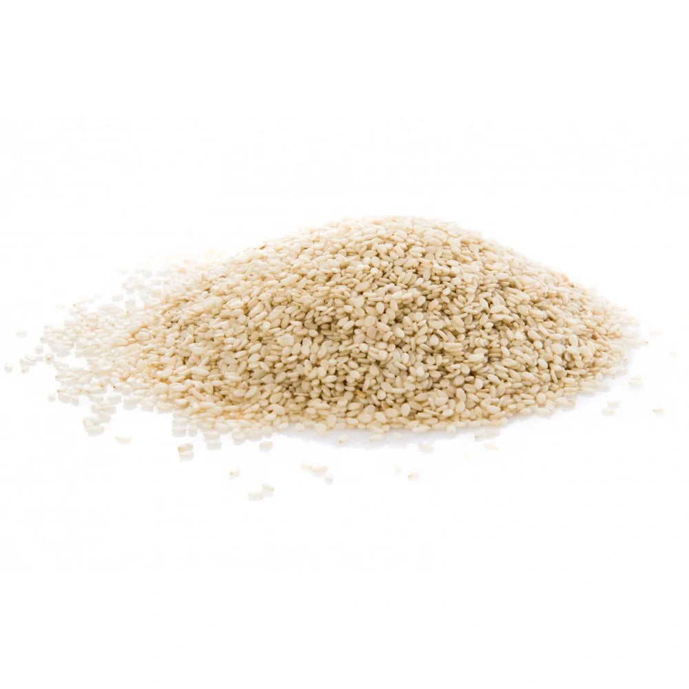 ARO White Sesame 500g package, dry grocery product, showing fresh white sesame seeds in a clear bag with branding.