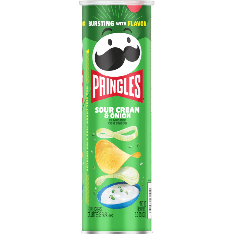 Pringles Sour Cream & Onion snack chips in a silver can, showcasing crispy, ridged potato chips with sour cream and onion flavoring