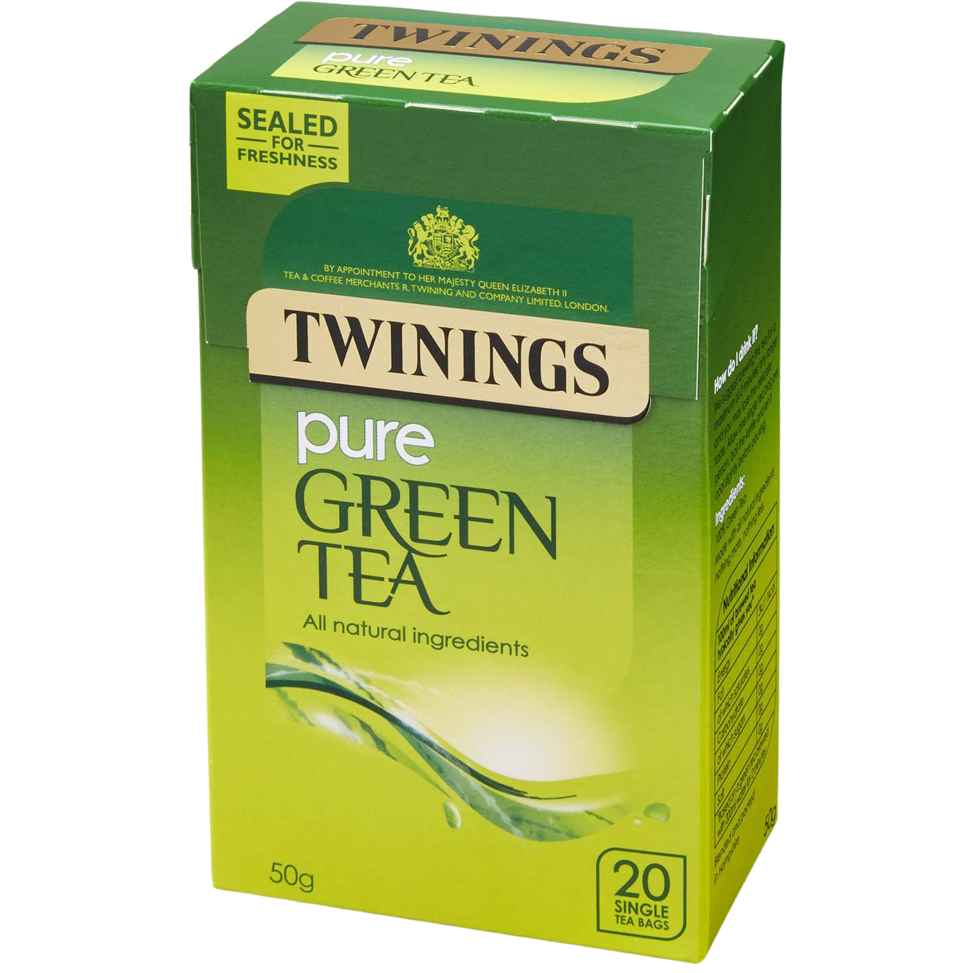 Twinings Pure Green Tea Bags in a box, ready for brewing, showcasing fresh green tea leaves and packaging.