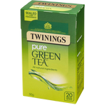 Twinings Pure Green Tea Bags in a box, ready for brewing, showcasing fresh green tea leaves and packaging.