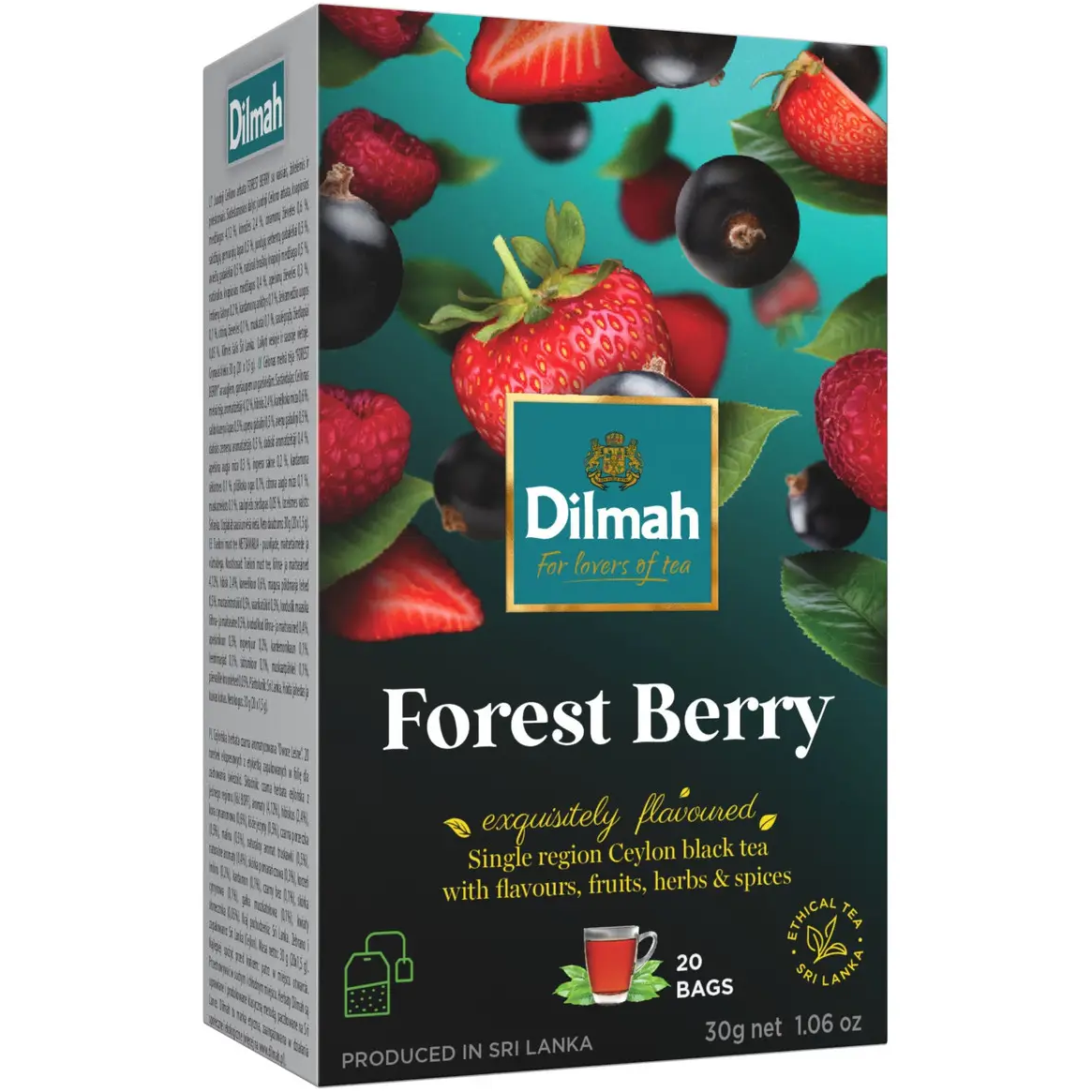 A glass of Dilmah Forest Berry Ceylon Black Tea with fresh berries and mint leaves, showcasing the vibrant drink.