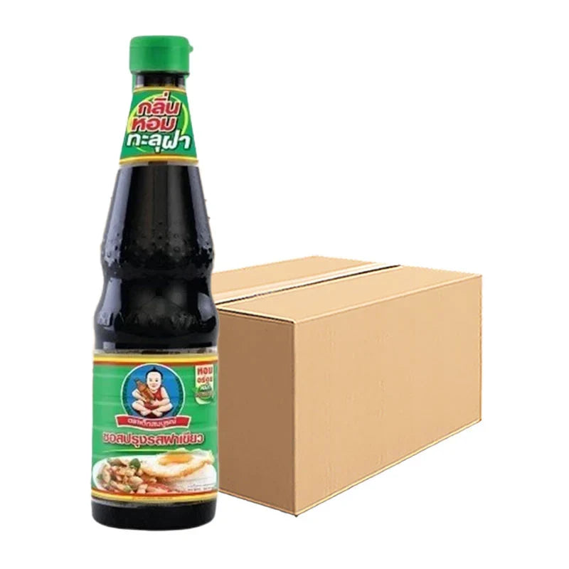 Deksomboon Seasoning Sauce 600ml bottle, part of a 12-pack, with clear label showing DEKSOMBOON brand for dry grocery use