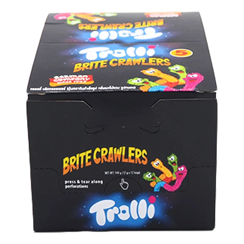 Trolli Gummy Brite Crawler candies in 14g packs, colorful gummy snack for confectionery and dry grocery shelves.