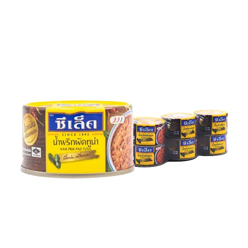 SEALECT Nam Prik Pad Tuna 95g, dry grocery pack of six, featuring canned tuna with traditional seasoning in a colorful label.