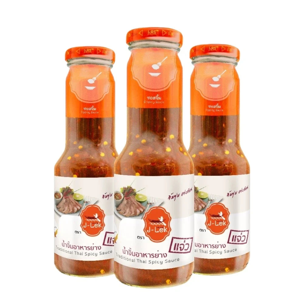 Three 360g glass bottles of J-LEK Jae Lek grilled food sauce, featuring clear labels and metal caps, in a close-up view
