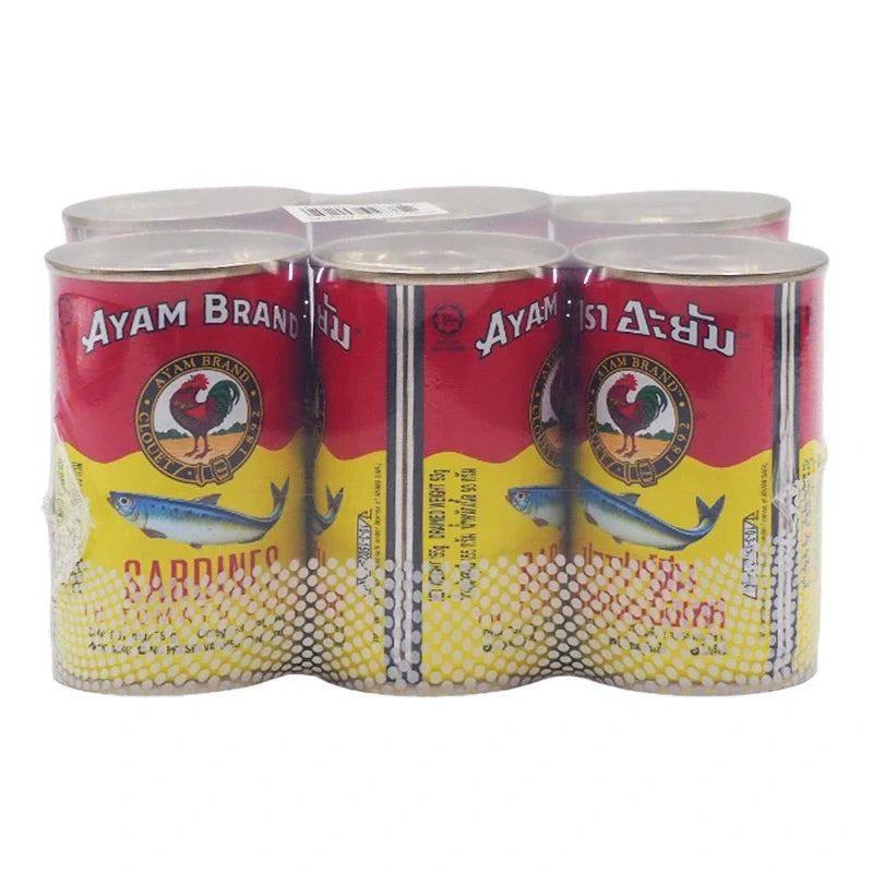 Cans of AYAM sardines in tomato sauce, 155g each, stacked in a box for dry grocery shopping.