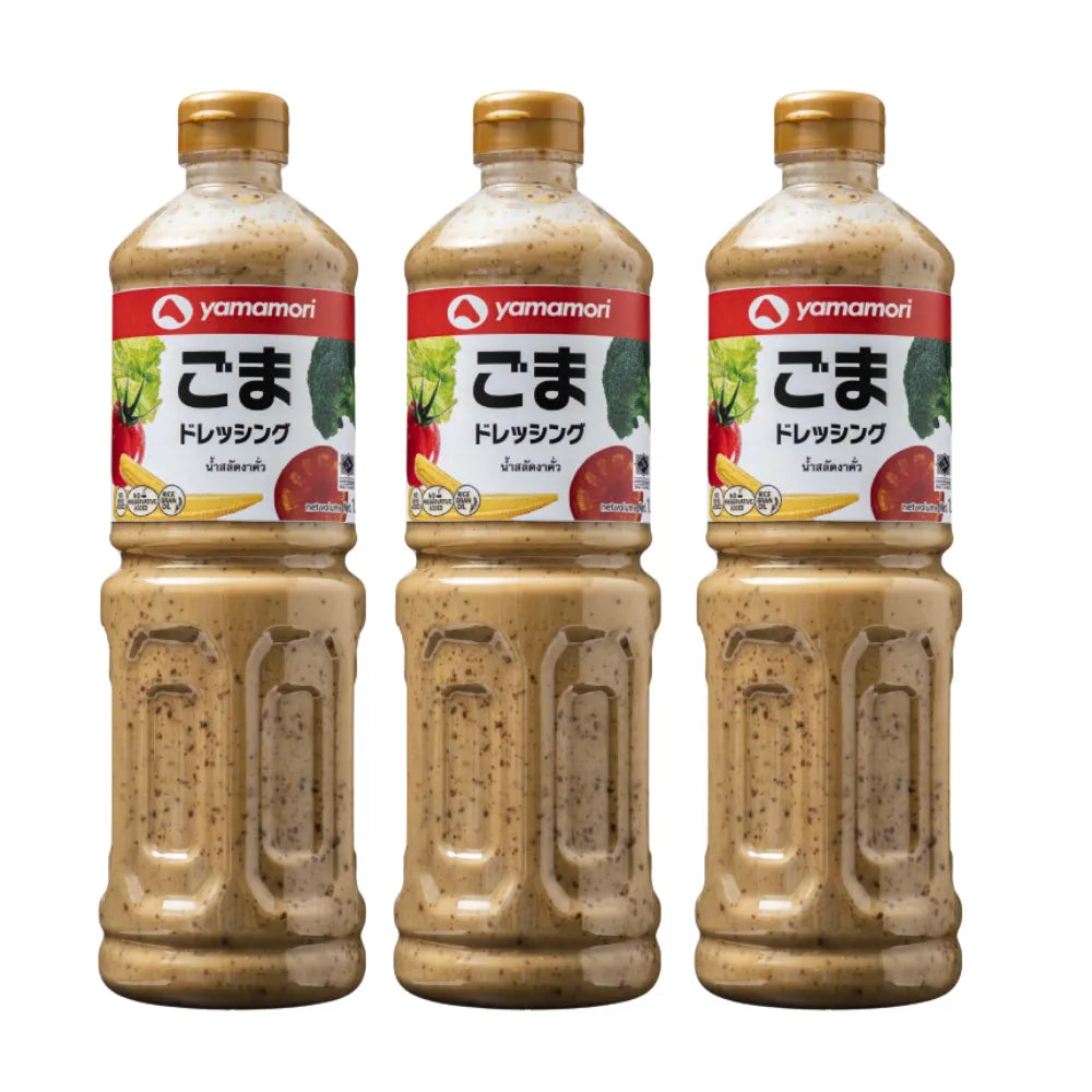 Yamamori roasted sesame salad dressing bottles, 1L each, with labels displaying sesame seeds and product details.