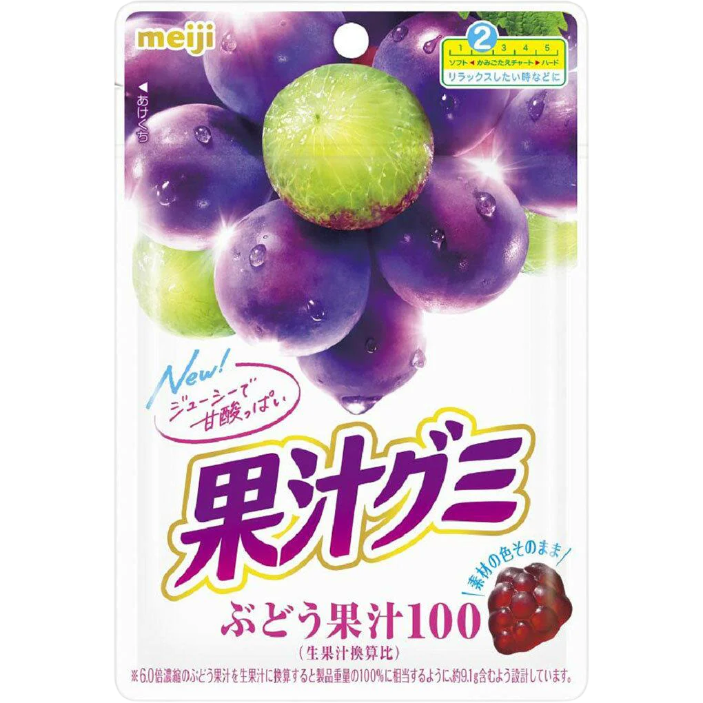Meiji Kajyu Gummy Grape confectionery snacks featuring colorful, grape-flavored gummy candies in a vibrant package.