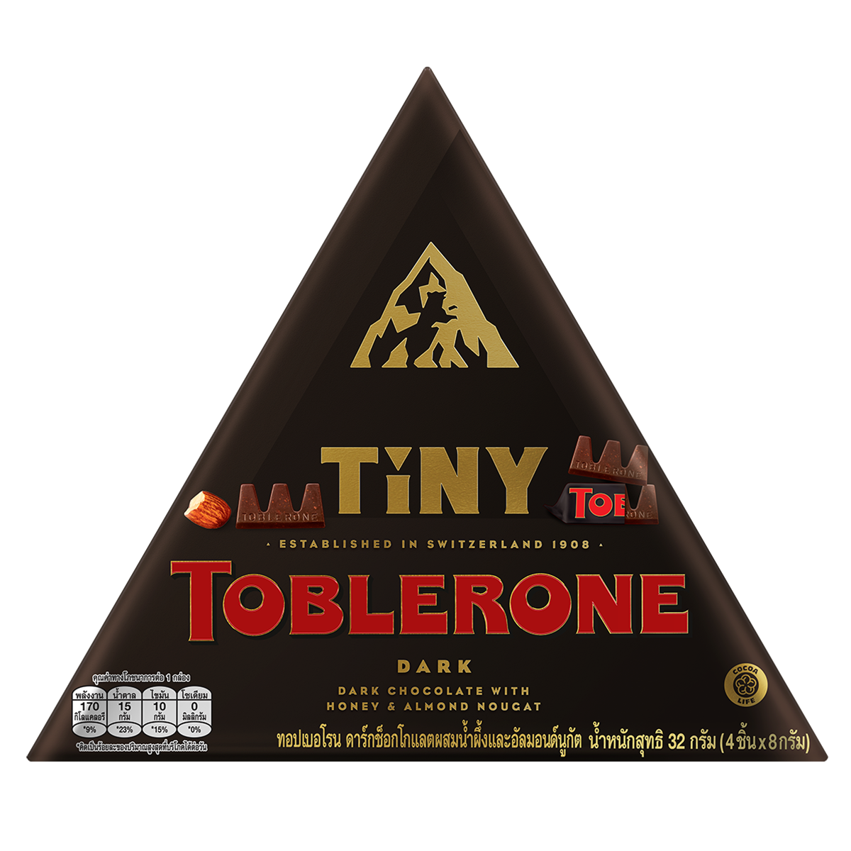 Toblerone tiny dark chocolate confectionery snack with honey and almond nougats, featuring the iconic triangular shape and branding.
