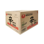 Nongshim Shin Ramyun dry grocery instant ramen noodles in a cup with broth, featuring spicy seasoning and fresh ingredients.