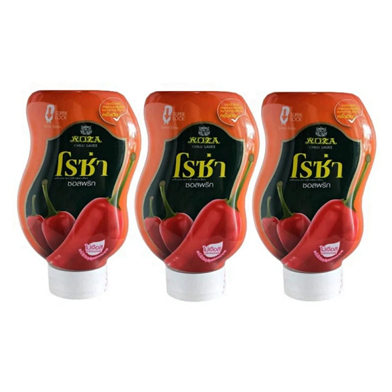 Roza Chili Sauce 250g bottles, dry grocery product, featuring vibrant red chili sauce in three bottles with label branding.