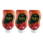 Roza Chili Sauce 250g bottles, dry grocery product, featuring vibrant red chili sauce in three bottles with label branding.