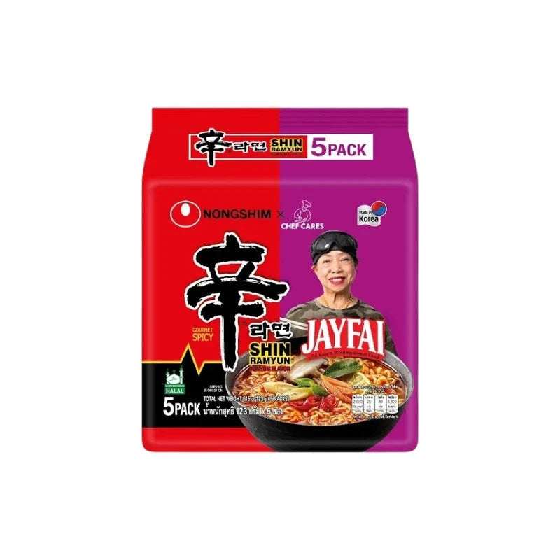 Nongshim Ja Fai Shin Rayon Liquid Ramyun noodle soup package, dry grocery product with spicy ramen noodles in a vibrant bowl.