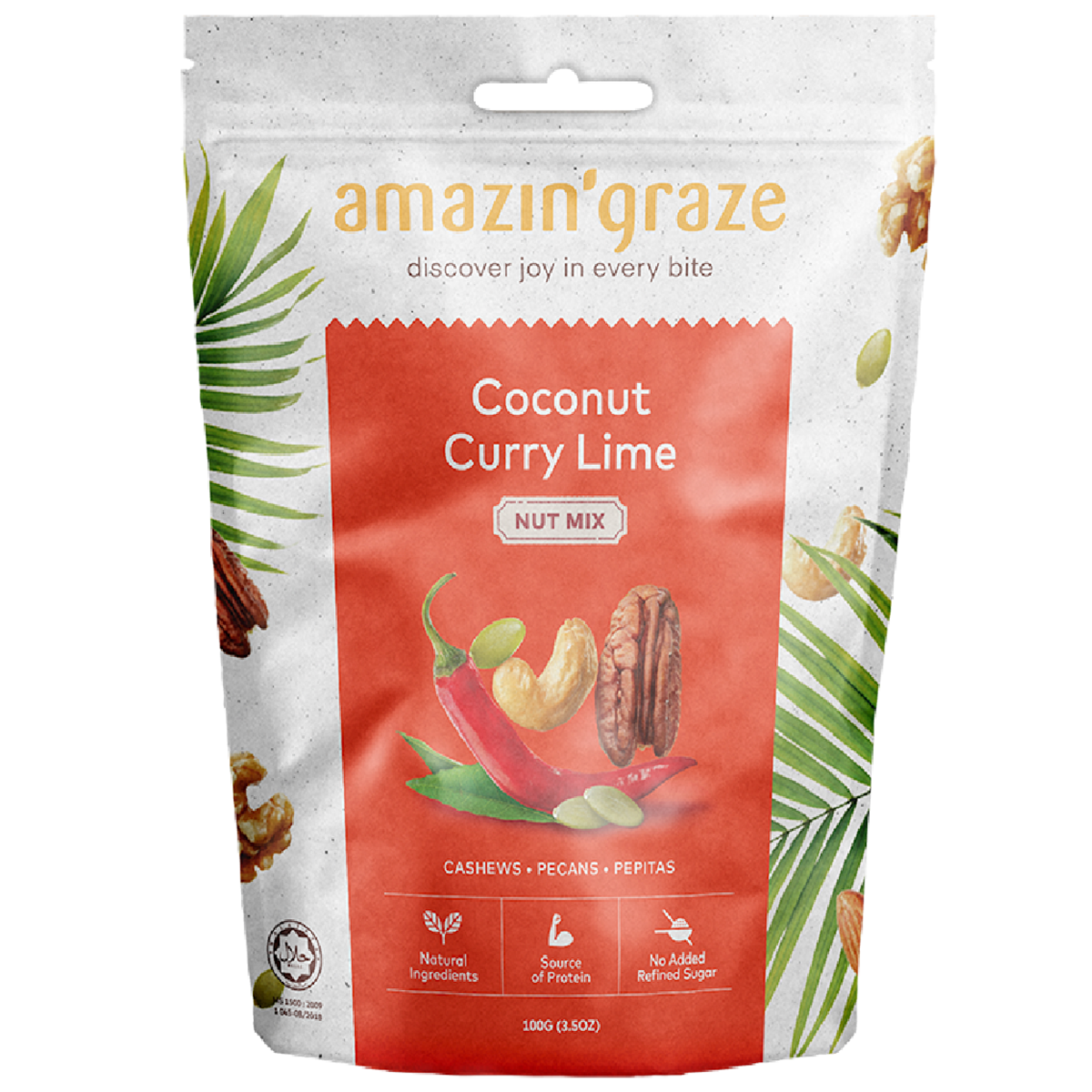 Amazin’graze Coconut Curry Lime Nut Mix in a bowl, showing a colorful blend of nuts and dried fruit with coconut and lime flavor accents.