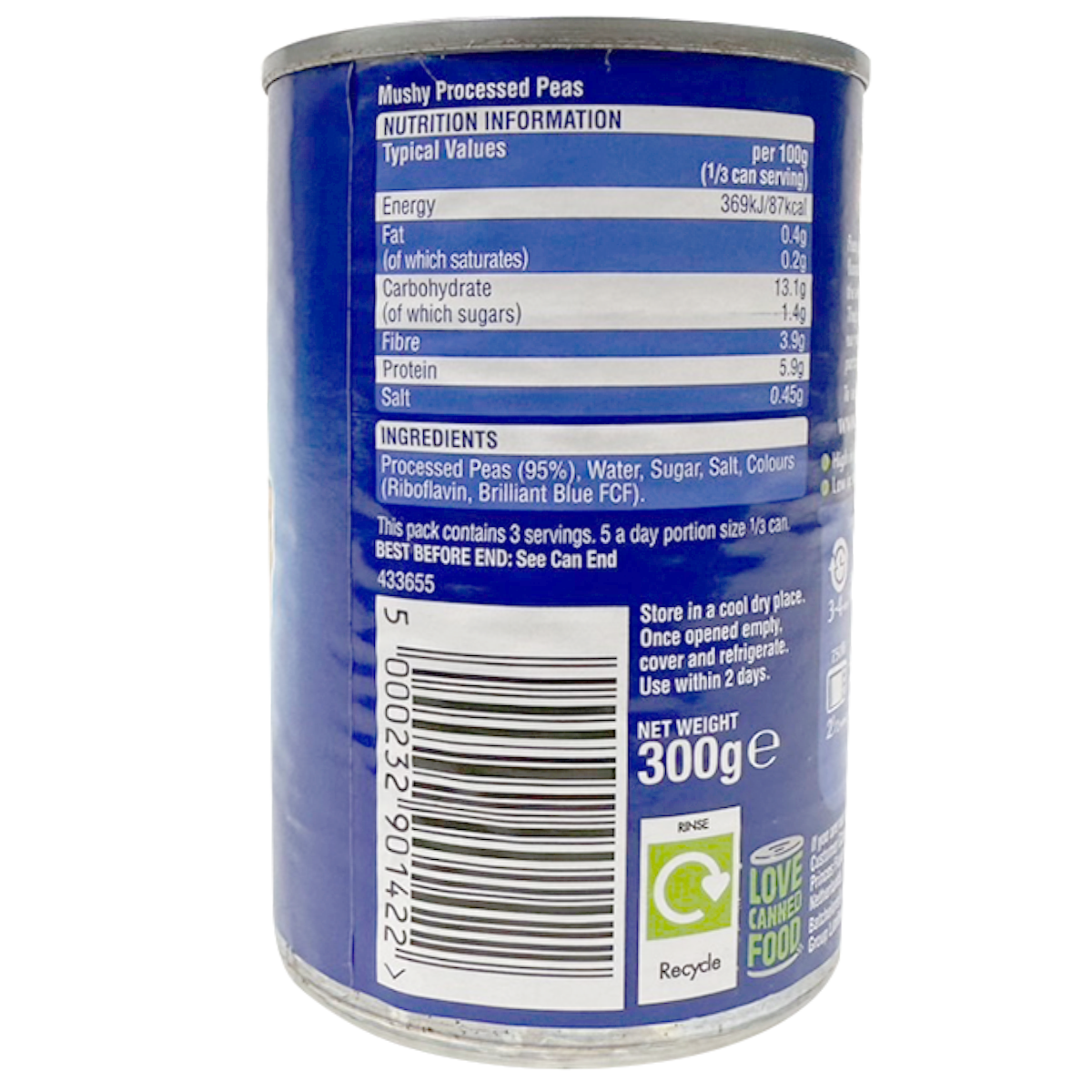 Cans of Batchelors Chip Shop Style Mushy Peas in a grocery store shelf display