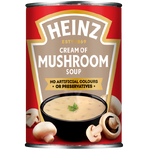 Heinz Cream of Mushroom Soup in a can, showcasing the label with a creamy mushroom soup image and Heinz branding.