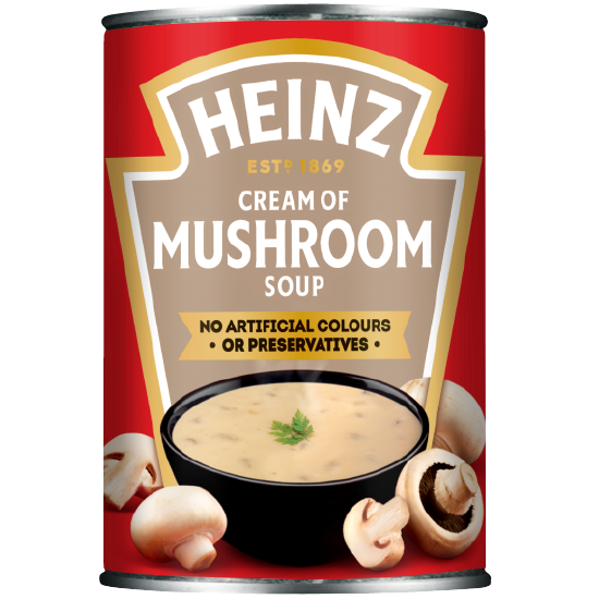 Heinz Cream of Mushroom Soup in a can, showcasing the label with a creamy mushroom soup image and Heinz branding.