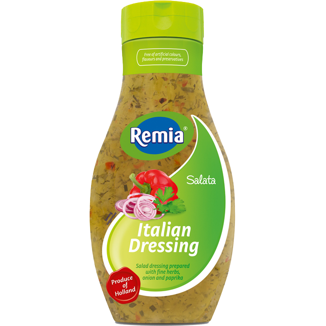 Remia Italian salad dressing in a bottle, featuring a creamy Italian flavor with herbs and spices, suitable for salads and dressings.