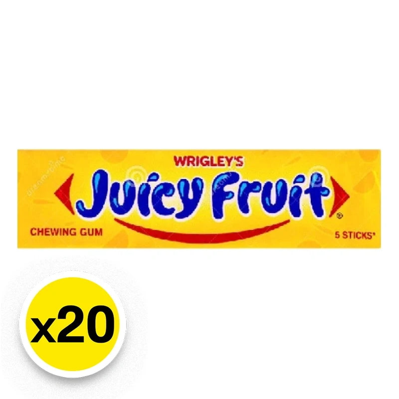 Wrigley's Juicyfruit Gum 13.5g packs, colorful packaging with pieces of chewing gum visible, in a box of 20.