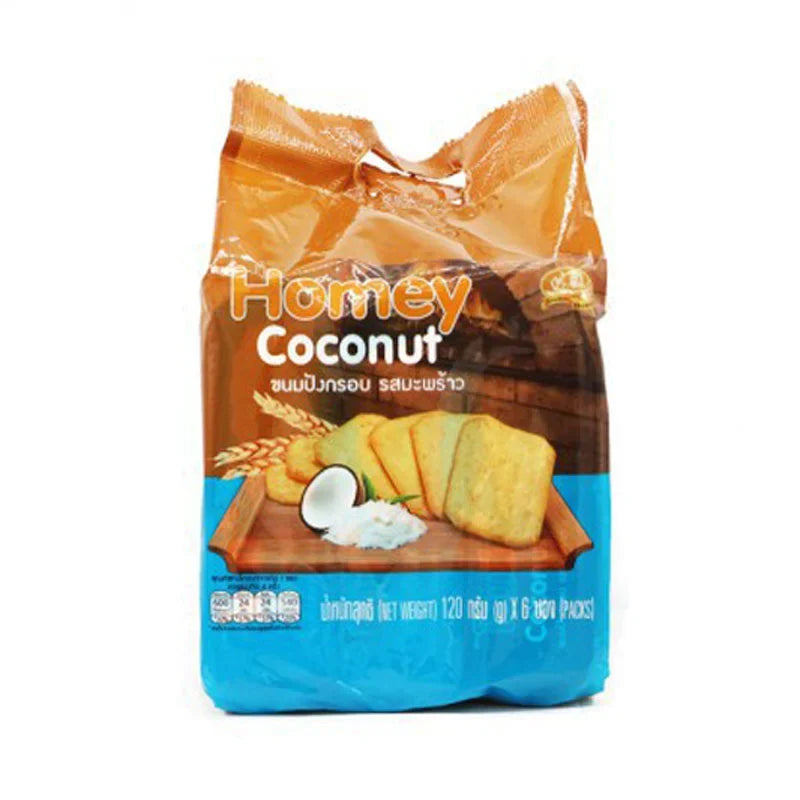 Homey Biscuit Coconut Flavored 120g in a clear package, showcasing the crunchy coconut-flavored biscuits from the snack and confectionery range.